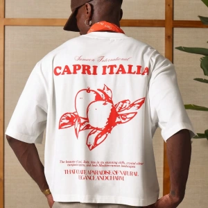 Capri Italia İtalyan Yaz Grafik Tişört Büyük Boy Kutu Kesim Seyahat Baskısı Akdeniz Ta