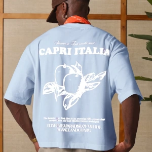 Capri Italia İtalyan Yaz Grafik Tişört Büyük Boy Kutu Kesim Seyahat Baskısı Akdeniz Ta