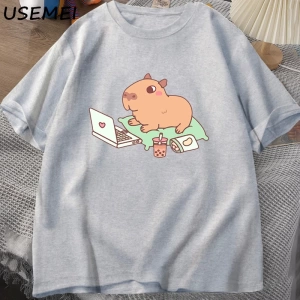 Capybara kullanımı bilgisayar Tshirt erkekler komik gevşek pamuklu üst giyim rahat yaz giysil 2852