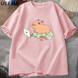Capybara kullanımı bilgisayar Tshirt erkekler komik gevşek pamuklu üst giyim rahat yaz giysil 2852