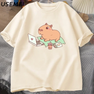 Capybara kullanımı bilgisayar Tshirt erkekler komik gevşek pamuklu üst giyim rahat yaz giysil 2852
