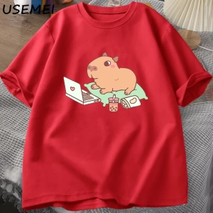 Capybara kullanımı bilgisayar Tshirt erkekler komik gevşek pamuklu üst giyim rahat yaz giysil 2852