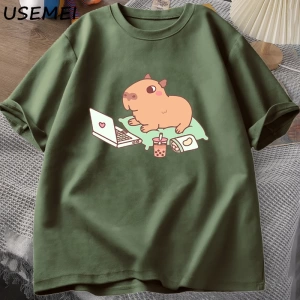 Capybara kullanımı bilgisayar Tshirt erkekler komik gevşek pamuklu üst giyim rahat yaz giysil 2852