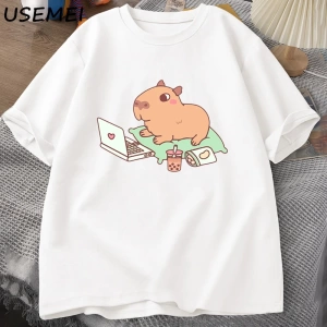 Capybara kullanımı bilgisayar Tshirt erkekler komik gevşek pamuklu üst giyim rahat yaz giysil 2852
