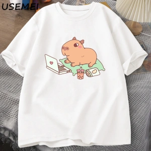 Capybara kullanımı bilgisayar Tshirt erkekler komik gevşek pamuklu üst giyim rahat yaz giysil