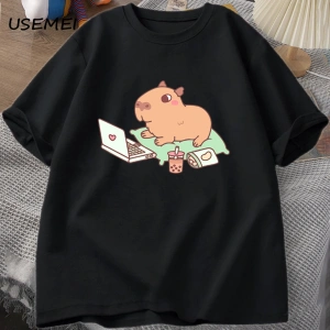 Capybara kullanımı bilgisayar Tshirt erkekler komik gevşek pamuklu üst giyim rahat yaz giysil