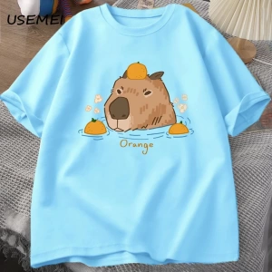 Capybara portakallar ile yüzme t-shirt boy T Shirt Unisex pamuk Shrot kollu karikatür hayvan