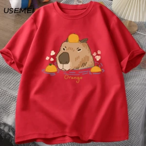 Capybara portakallar ile yüzme t-shirt boy T Shirt Unisex pamuk Shrot kollu karikatür hayvan