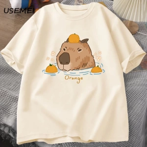 Capybara portakallar ile yüzme t-shirt boy T Shirt Unisex pamuk Shrot kollu karikatür hayvan