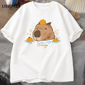 Capybara portakallar ile yüzme t-shirt boy T Shirt Unisex pamuk Shrot kollu karikatür hayvan