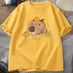 Capybara portakallar ile yüzme t-shirt boy T Shirt Unisex pamuk Shrot kollu karikatür hayvan