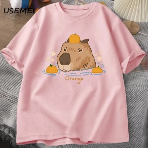 Capybara portakallar ile yüzme t-shirt boy T Shirt Unisex pamuk Shrot kollu karikatür hayvan