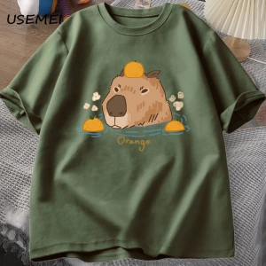 Capybara portakallar ile yüzme t-shirt boy T Shirt Unisex pamuk Shrot kollu karikatür hayvan