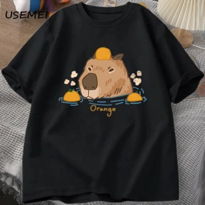 Capybara portakallar ile yüzme t-shirt boy T Shirt Unisex pamuk Shrot kollu karikatür hayvan