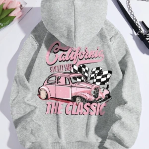 Car & Letter Graphic Drawstring Lined Hoodie Gri