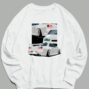 Car Print Drop Shoulder Sweatshirt Beyaz