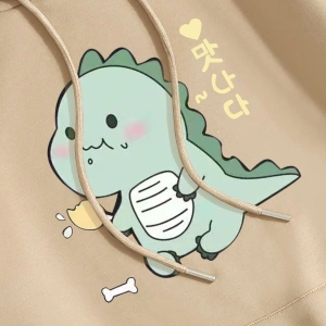 Cartoon And Korean Letter Graphic Drawstring Lined Hoodie Bej