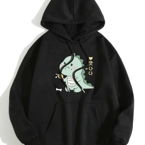 Cartoon And Korean Letter Graphic Drawstring Lined Hoodie Siyah