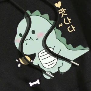 Cartoon And Korean Letter Graphic Drawstring Lined Hoodie Siyah