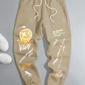 Cartoon Face & Slogan Graphic Drawstring Waist Eşofman Altı