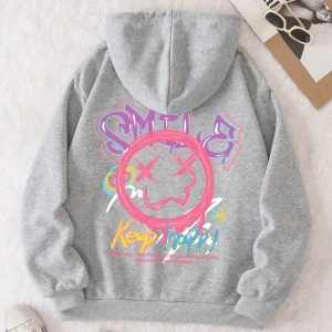 Cartoon & Letter Graphic Drawstring Lined Hoodie Gri