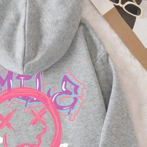 Cartoon & Letter Graphic Drawstring Lined Hoodie Gri