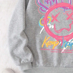 Cartoon & Letter Graphic Drawstring Lined Hoodie Gri