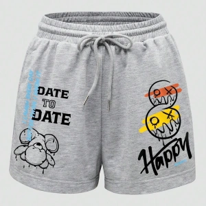 Cartoon & Letter Graphic Drawstring Waist Şort