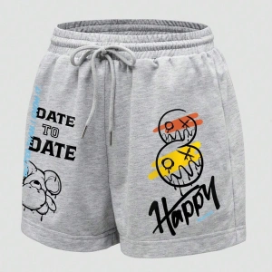 Cartoon & Letter Graphic Drawstring Waist Şort