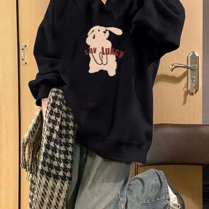 Cartoon & Letter Graphic Drop Shoulder Pullover Siyah