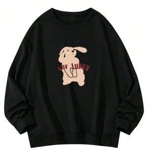 Cartoon & Letter Graphic Drop Shoulder Pullover Siyah