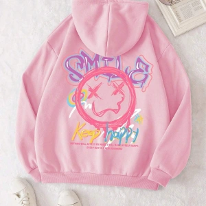 Cartoon & Slogan Graphic Drawstring Lined Hoodie Pembe