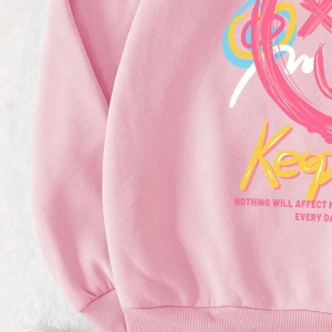 Cartoon & Slogan Graphic Drawstring Lined Hoodie Pembe