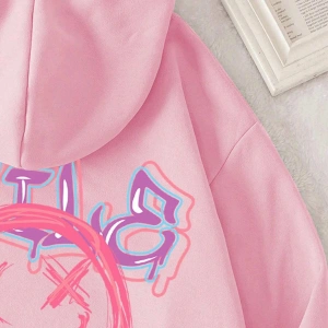 Cartoon & Slogan Graphic Drawstring Lined Hoodie Pembe