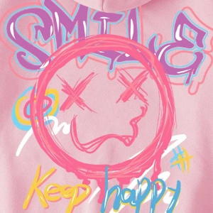 Cartoon & Slogan Graphic Drawstring Lined Hoodie Pembe