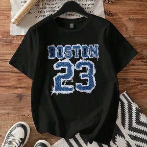 Casual Blue Aplike Boston 23 Baskılı Siyah Bol Yuvarlak Yaka Kısa Kollu Tişört, Pa