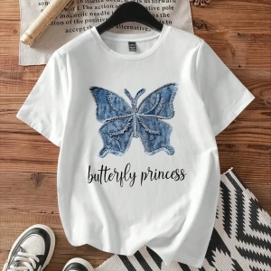 Casual Blue Aplike Kelebek Desenli Beyaz Yuvarlak Yaka Kısa Kollu Fitted Kadın Tişör