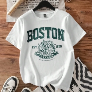 Casual Boston Baskılı Fitted Beyaz Yuvarlak Yaka Kısa Kollu Pamuklu Tişört Yaz İçin