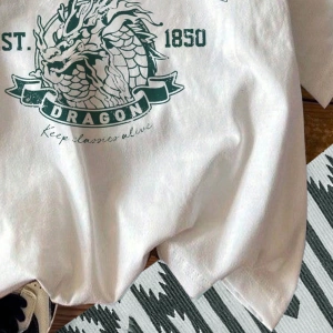 Casual Boston Baskılı Fitted Beyaz Yuvarlak Yaka Kısa Kollu Pamuklu Tişört Yaz İçin