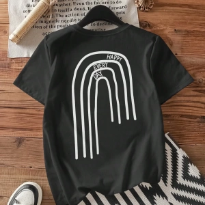 Casual Grafik Baskılı Mürettebat Yaka Kısa Kollu Fitted Kadın Tişörtü, Pamuk Karışım