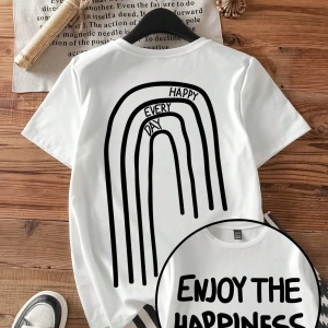 Casual Grafik Baskılı Mürettebat Yaka Kısa Kollu Fitted Kadın Tişörtü, Pamuk Karışım