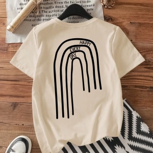 Casual Grafik Baskılı Mürettebat Yaka Kısa Kollu Fitted Kadın Tişörtü, Pamuk Karışım