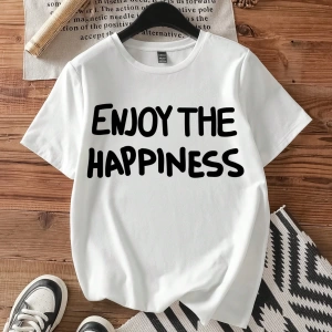 Casual Grafik Baskılı Mürettebat Yaka Kısa Kollu Fitted Kadın Tişörtü, Pamuk Karışım