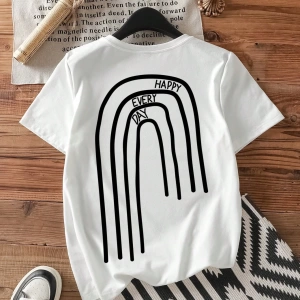 Casual Grafik Baskılı Mürettebat Yaka Kısa Kollu Fitted Kadın Tişörtü, Pamuk Karışım