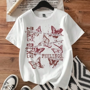Casual Kelebek Desenli Yuvarlak Yaka Kısa Kollu Kadın Tişörtü, Pamuklu, Yaz İçin Uyg