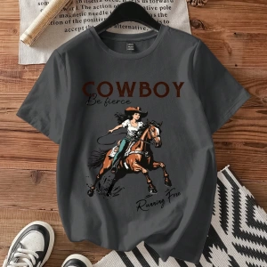 Casual Loose Binicilik Baskılı Yuvarlak Yaka Kısa Kollu Kadın Tişörtü, Yaz İçin Uygu
