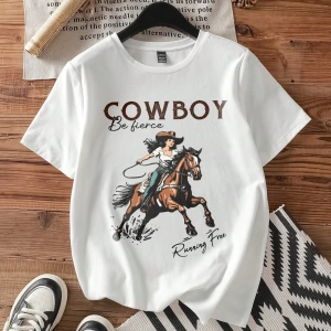 Casual Loose Binicilik Baskılı Yuvarlak Yaka Kısa Kollu Kadın Tişörtü, Yaz İçin Uygu