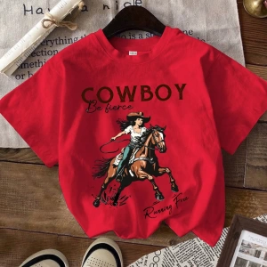 Casual Loose Binicilik Baskılı Yuvarlak Yaka Kısa Kollu Kadın Tişörtü, Yaz İçin Uygu
