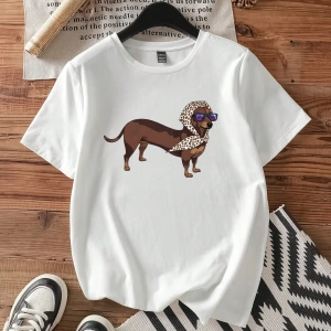Casual Loose Dachshund Baskılı Yuvarlak Yaka Kısa Kollu Kadın Tişörtü, Yaz İçin Uygu