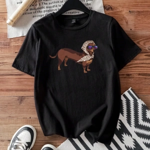 Casual Loose Dachshund Baskılı Yuvarlak Yaka Kısa Kollu Kadın Tişörtü, Yaz İçin Uygu